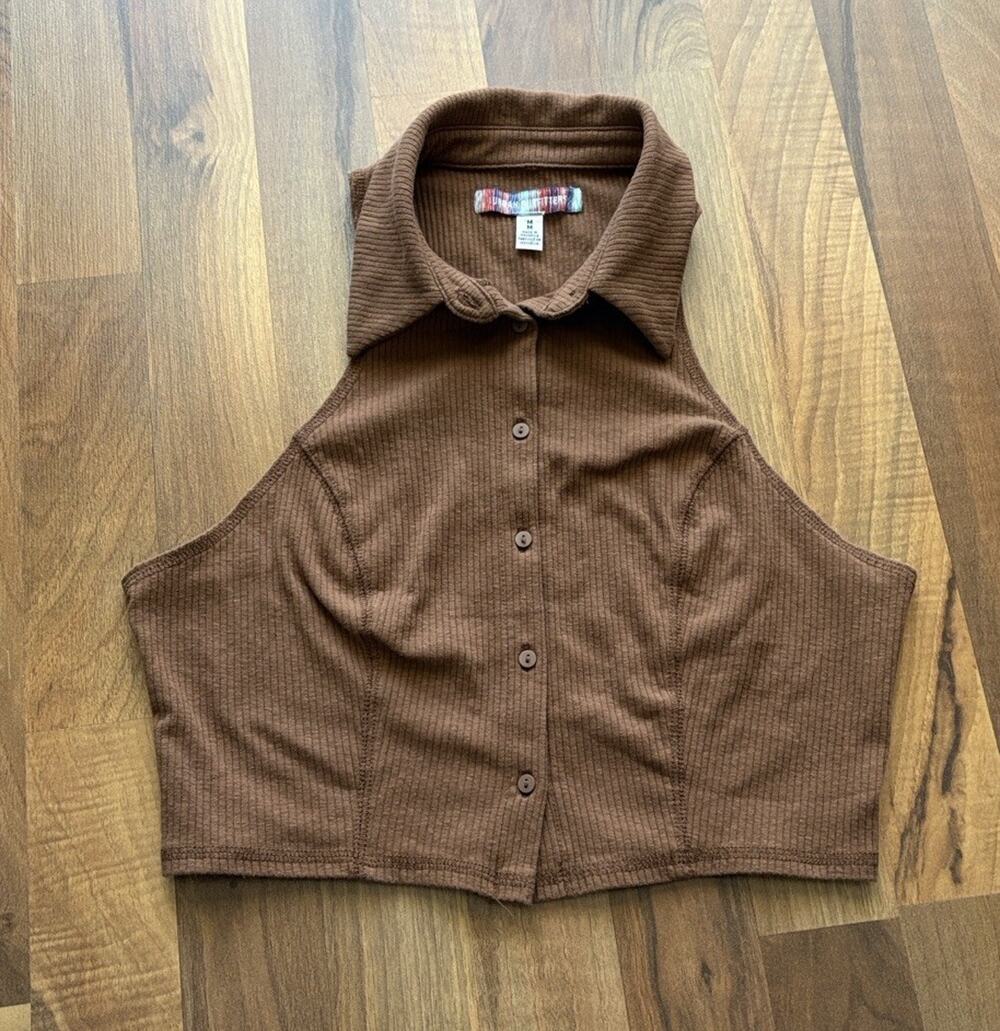 Urban Outfitters Woman’s Size M Brown Ribbed Cropped Polo Tank